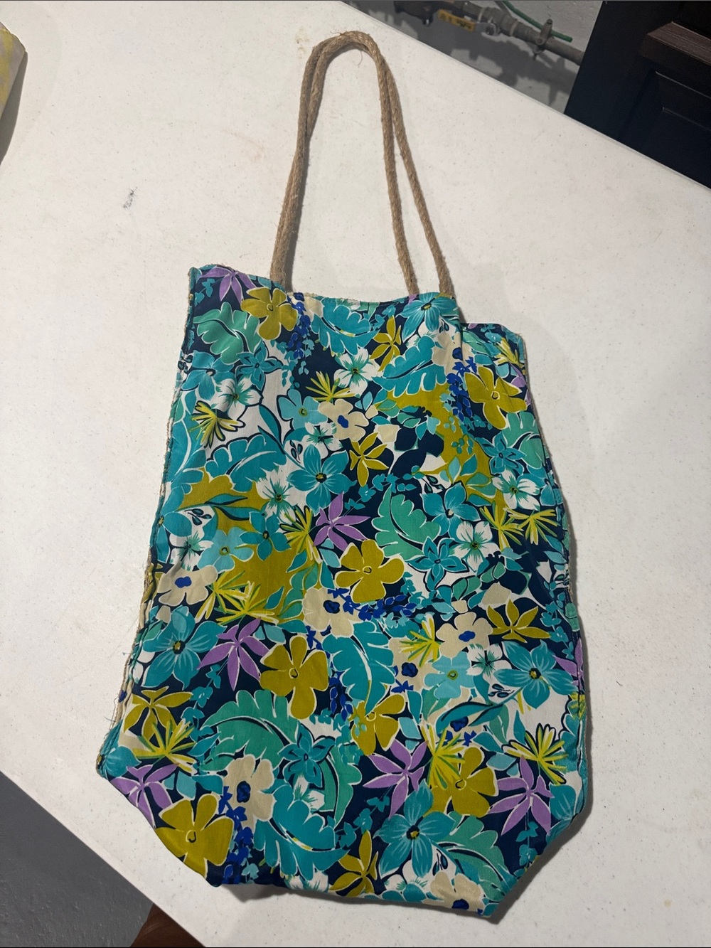 Floral Beach Tote Bag in Teal and Yellow